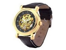 Ouyawei Golden Bezel es Black Leather Band Round Hollow White Dial Mechanical es