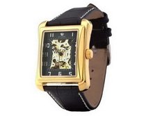 Ouyawei Golden Shell es Black Leather Band Rectangle Hollow Black Dial Water-Proof Mechanical es