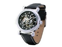 Ouyawei Hollow Dial Silver Bezel Black Leather Band Water-Proof es Round Mechanical es