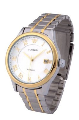Ouyawei Metal Round White Dial Golden Bezel Stainless Steel Silver Band with Golden Stripe Water-proof Mechanical Automatic Wrist es