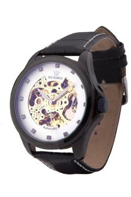 Ouyawei Pierced Gold Dial With White Ring Black Leather Strap Mechanical es
