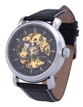 Ouyawei Round Black And Gold Dial Black Leather Strap Mechanical es