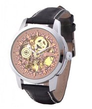 Ouyawei Round Halloween Pink Dial Silver Shell Black Leather Band Water-proof Mechanical es