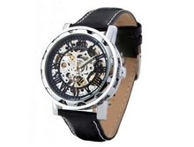 Ouyawei Round Hollow Black Dial Black Leather Band Silver Shell Mechanical es