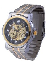 Ouyawei Round Hollow Black Dial Silver-and-gold Bezel Stainless Steel Silver Band with Golden Stripes Water-proof Mechanical es