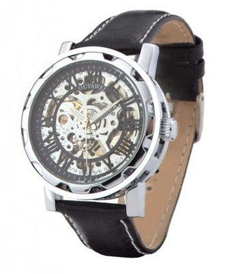 Ouyawei Round Hollow Black Dial Silver Shell Black Leather Band Mechanical es