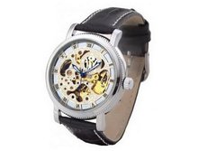 Ouyawei Round Hollow Black Leather Band Mechanical White Dial Silver Shell es