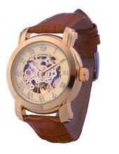 Ouyawei Round Hollow Gold Dial Golden Bezel Brown Leather Band Water-proof Mechanical es