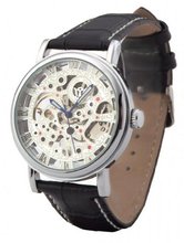Ouyawei Round Hollow White Dial Silver Shell Black Leather Band Mechanical es