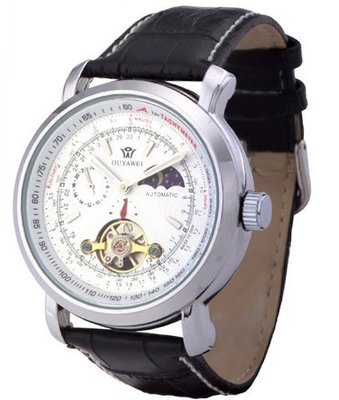 Ouyawei Round White Dial Black Leather Strap Mechanical es