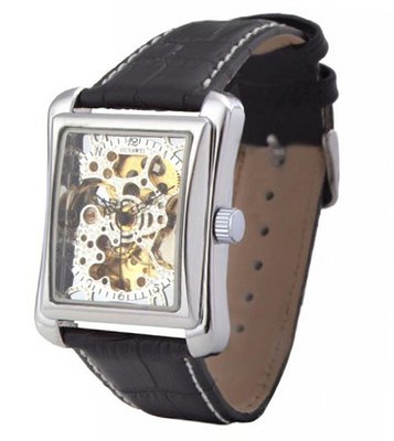 Ouyawei Silver Dial Retangle SHell Black Leather Strap Mechanical es