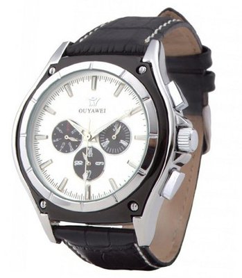 Ouyawei Six Stitches Round White and Black Stripes Dial Black Leather Band Mechancial es