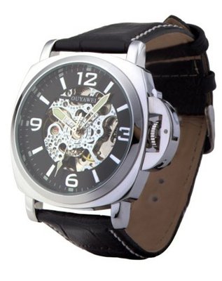 Ouyawei Square Pierced Black Dial Black Leather Strap Mechanical es