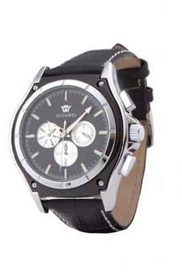 Ouyawei Unique Six Stitches Round White and Black Stripes Dial Black Leather Band Mechanical Automatic Wrist es