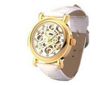 Ouyawei White Leather Band Water-Proof Mechanical es Round Hollow White Dial Golden Bezel es