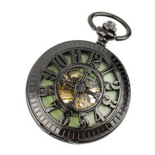Pacifistor Black Classic Vintage Antique Hand Wind Up Semi Automatic Skeleton Mechanical Luminous Dial Luxury Stainless Pocket +Fob-Chain #PX-013-B