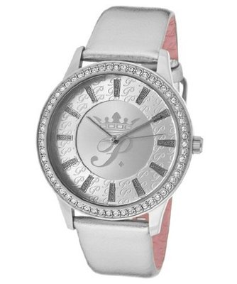 White Crystal Silver Dial Metallic Silver Genuine Calf Leather
