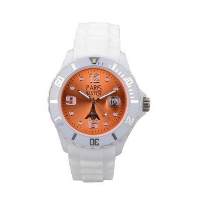 Paris Unisex Silicone Quartz Calendar Date White and Orange Dial Designed in France Fashion