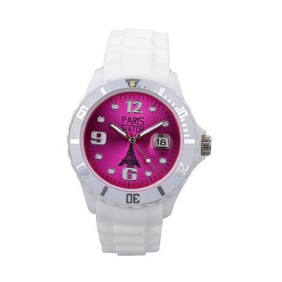 Paris Unisex Silicone Quartz Calendar Date White and Pink Dial Designed in France Fashion