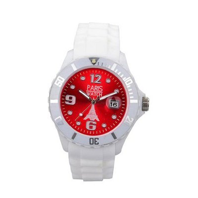 Paris Unisex Silicone Quartz Calendar Date White and Red Dial Designed in France Fashion