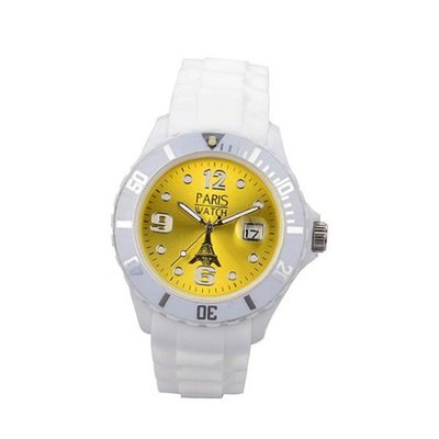 Paris Unisex Silicone Quartz Calendar Date White and Yellow Dial Designed in France Fashion