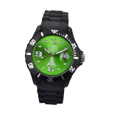 Paris Woman Silicone Quartz Calendar Date Black and Green Dial Designed in France Fashion