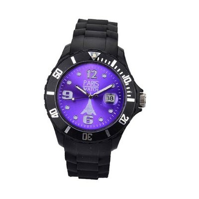 Paris Woman Silicone Quartz Calendar Date Black and Purple Dial Designed in France Fashion