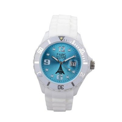 Paris Woman Silicone Quartz Calendar Date White and Light Blue Dial Designed in France Fashion