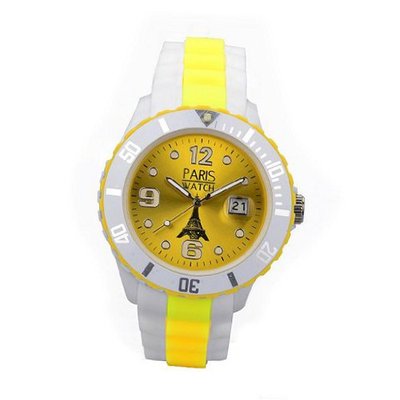 Paris Woman Silicone Quartz Calendar Date White and Multicolor Yellow Dial Designed in France Fashion