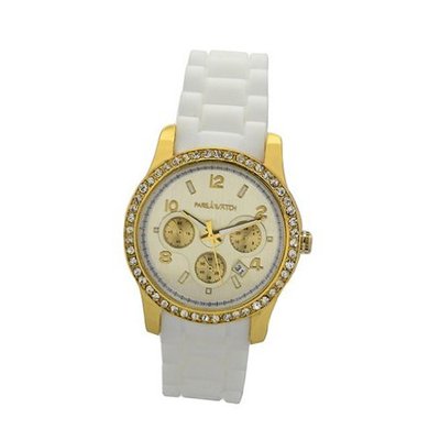 Paris Yellow Gold Plating over Sterling Silver 1Ct Diamond manmade Woman in White Silicone Calendar Quartz Date Designed in France