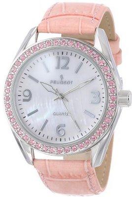 Peugeot 3006PK Silver-Tone Swarovski Crystal Accented Pink Leather Strap