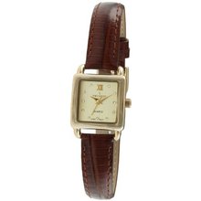 Peugeot 3034BR Ladies Mini Square Gold Tone Crystal Accented Brown Leather Strap