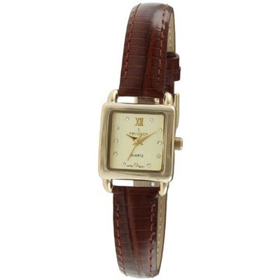 Peugeot 3034BR Ladies Mini Square Gold Tone Crystal Accented Brown Leather Strap