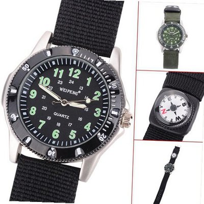 Fashion Quartz Military  es With Moveable Compass/Luminous Hands/Fabric & Leather Strap - Army Green/Black - JUST ARRIVE!!!