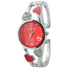 Graceful Rhinestone Heart Round Dial Quartz Bracelet for Ladies-Red