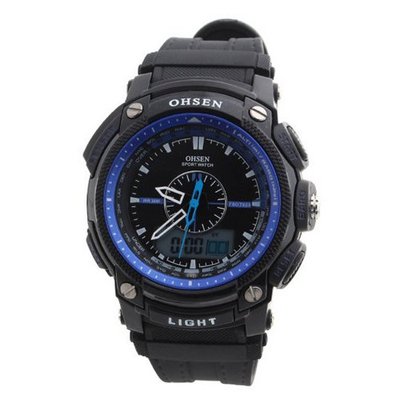 uProsperous OHSEN LCD Dual Core Date Day Stop Rubber Band Dive Sport Quartz Wrist es - Blue - JUST ARRIVE!!! 