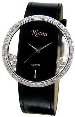 Ladies Designer Black Leather Strap Clear Dial with Moving Swarovski Crystals - RCW0070