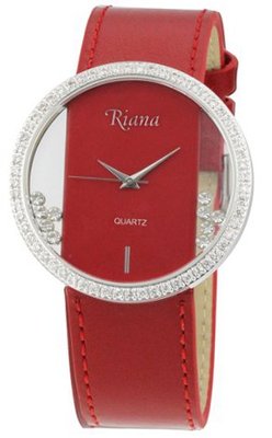 Ladies Red Leather Designer Swarovski Crystals Clear Dial with Moving Crystals Large Face - RCW0072