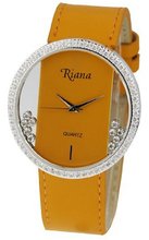 Ladies Swarovski Crystal Brown Leather Strap Clear Dial with Happy Moving Crystals - RCW0074
