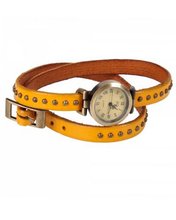 uRoKo Fashion RoKo Round Studs Cow Leather Roman Numbers Dial Bracelet Bangle Wrist Yellow 