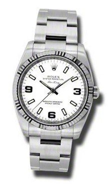 Rolex Airking White Arabic and Stick Dial Fluted 18k White Gold Bezel Oyster Bracelet 114234WASO