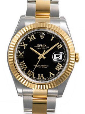 Rolex Datejust II Black Roman Dial 18k Yellow Gold Fluted Bezel Two Tone Oyster Bracelet 116333BKRO