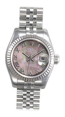 Rolex Lady Datejust Black Mother of Pearl Roman Dial Fluted 18kt White Gold Bezel Steel Jubilee Bracelet 179174BMRJ