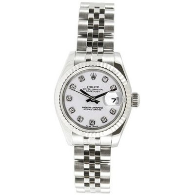 Rolex Ladys New Style Heavy Band Stainless Steel Datejust Model 179174 Jubilee Band 18K White Gold Fluted Bezel White Diamond Dial