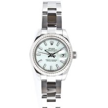 Rolex Ladys New Style Heavy Band Stainless Steel Datejust Model 179174 Oyster Band 18K White Gold Fluted Bezel White Stick Dial