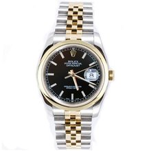 Rolex New Style Heavy Band Stainless Steel & 18K Gold Datejust Model 116203 Jubilee Band Smooth Bezel Black Stick Dial