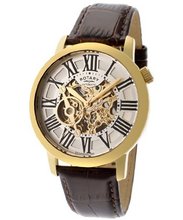 Automatic Gold Tone IP SS Case Silver/Gold Tone Skeletonized Dial Brown Genuine Leather