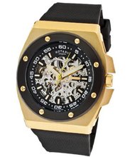 Rotary Automatic Skeletonized Silver/Black Dial Gold Tone Ip Case Black Rubber