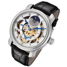 Rougois Silver Case and Gold Movement Dual Time Zone with White Accents and Moonphase Display with Brown Leather Band