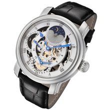 Rougois Silver Case and Silver Movement Dual Time Zone with White Accents and Moonphase Display Black Leather Band